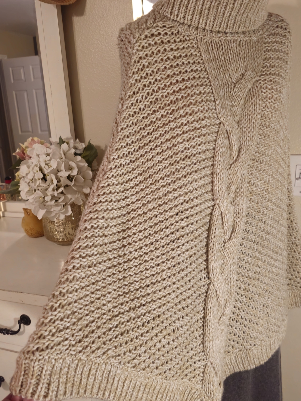 Turtleneck Cable-Knit Poncho Sweater - Beige - Picture 3 of 7
